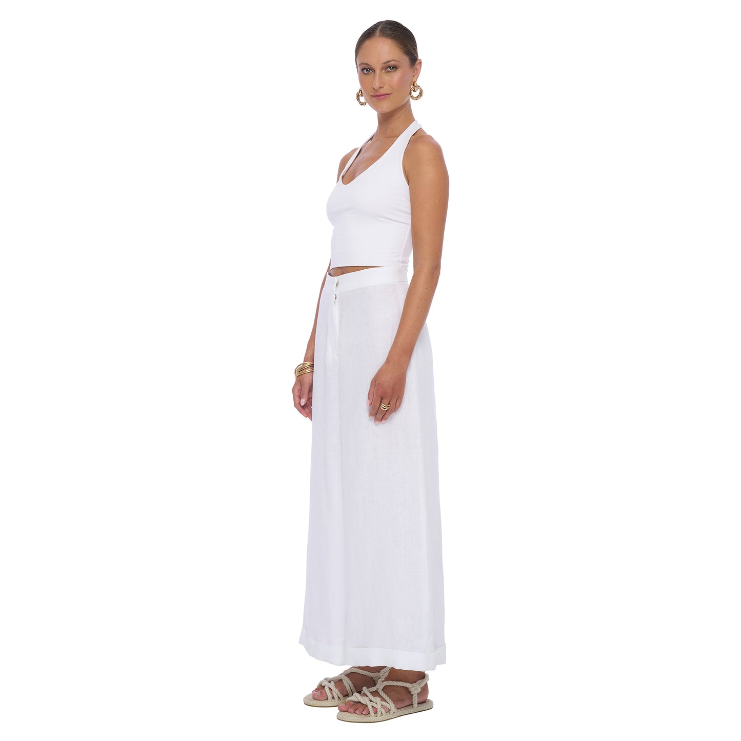 Side View: Horus Top in White - Classic Women's Cotton stretch top with a flattering form-fitting design for casual or evening wear.