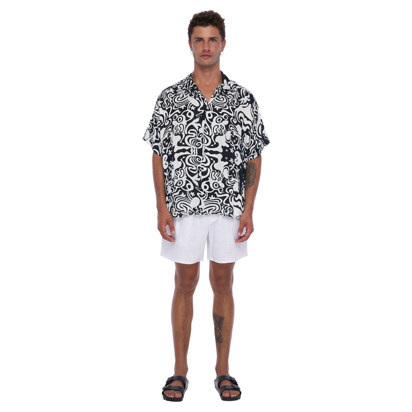 Kaya Men's Satin Shirt in Black and White abstract print - Relaxed fit shirt made from EcoVero Satin Fabric offering a stylish , sustainable design.