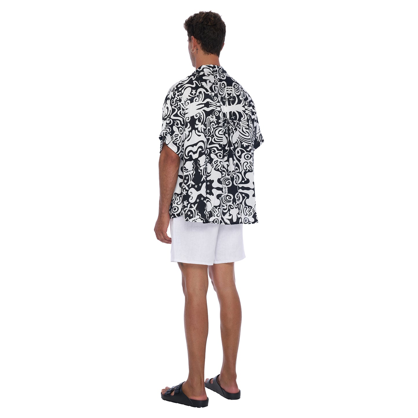 Kaya Men's Satin Shirt in Black and White abstract print - Relaxed fit shirt made from EcoVero Satin Fabric offering a stylish , sustainable design.
