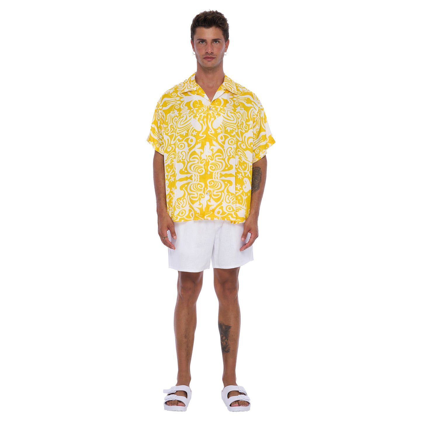 Kaya Men's Satin Shirt in Yellow and White abstract print - Relaxed fit shirt made from EcoVero Satin Fabric offering a stylish , sustainable design.