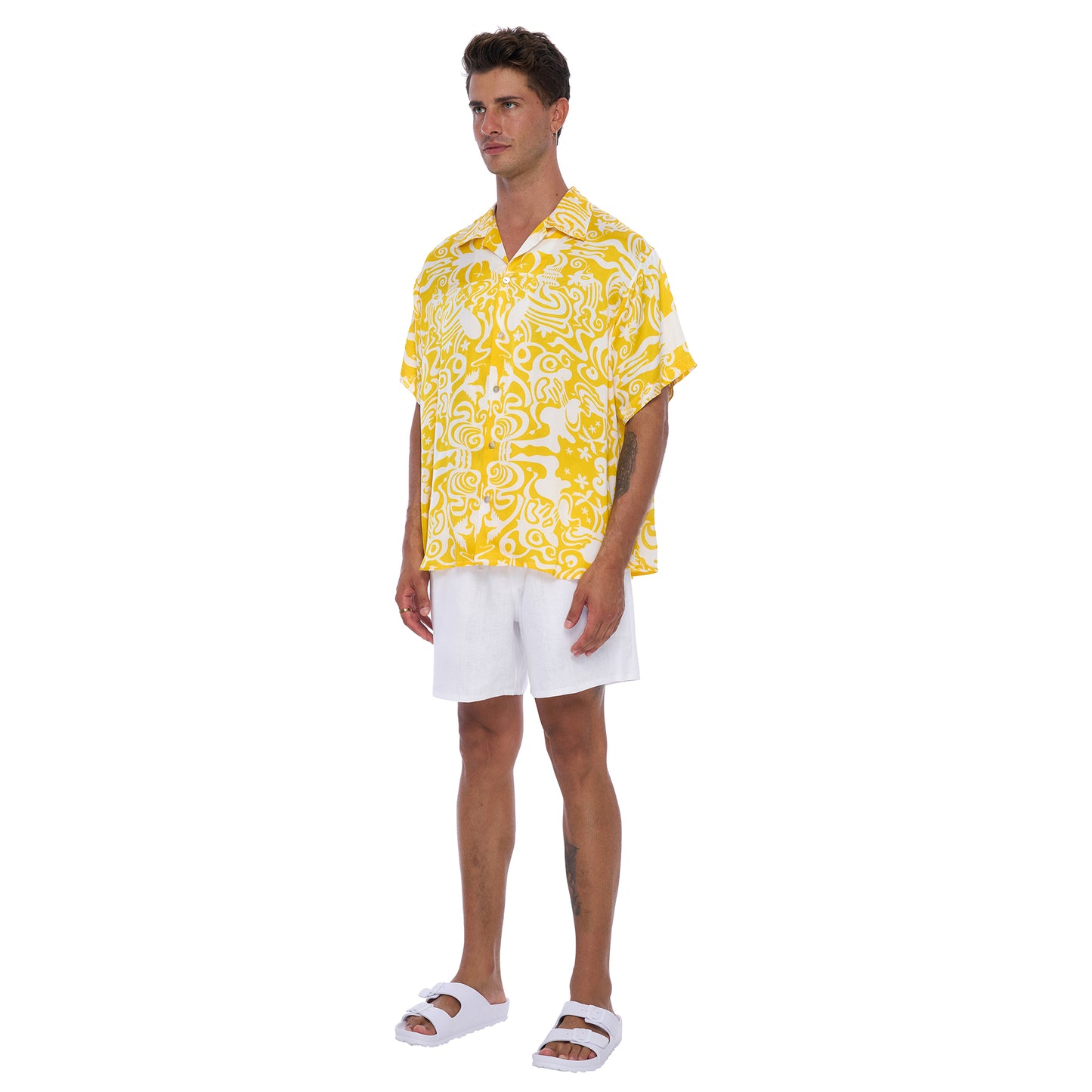Side View: Kaya Men's Satin Shirt in Black and White abstract print - Relaxed fit shirt made from EcoVero Satin Fabric offering a stylish , sustainable design.
