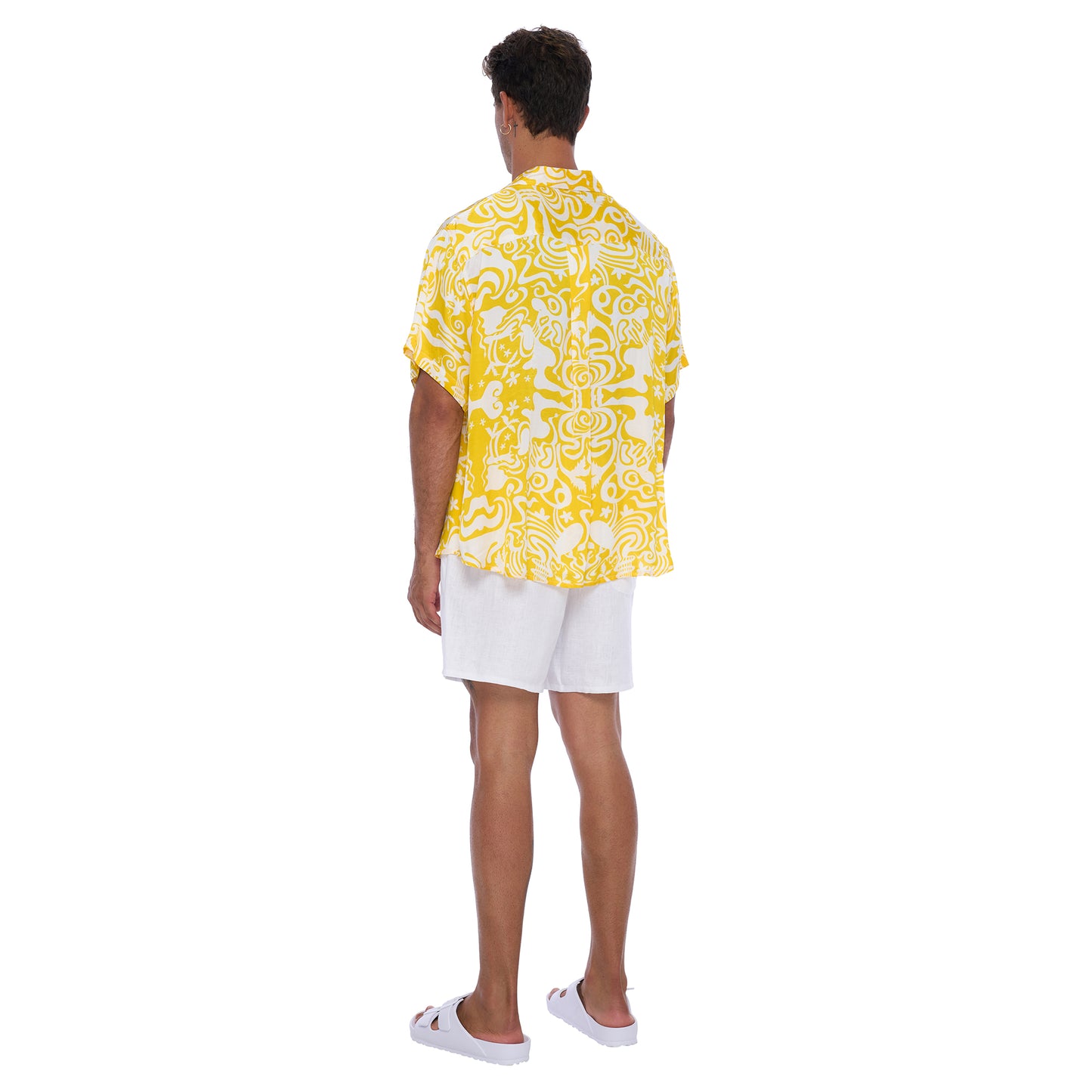 Back View: Kaya Men's Satin Shirt in Black and White abstract print - Relaxed fit shirt made from EcoVero Satin Fabric offering a stylish , sustainable design.
