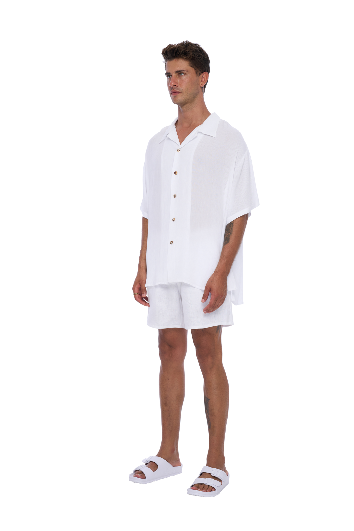 Side View: Leo Men's Shirt in White Rayon Crinkle Fabric - Lightweight, breathable shirt with a relaxed fit, perfect for casual or tropical wear