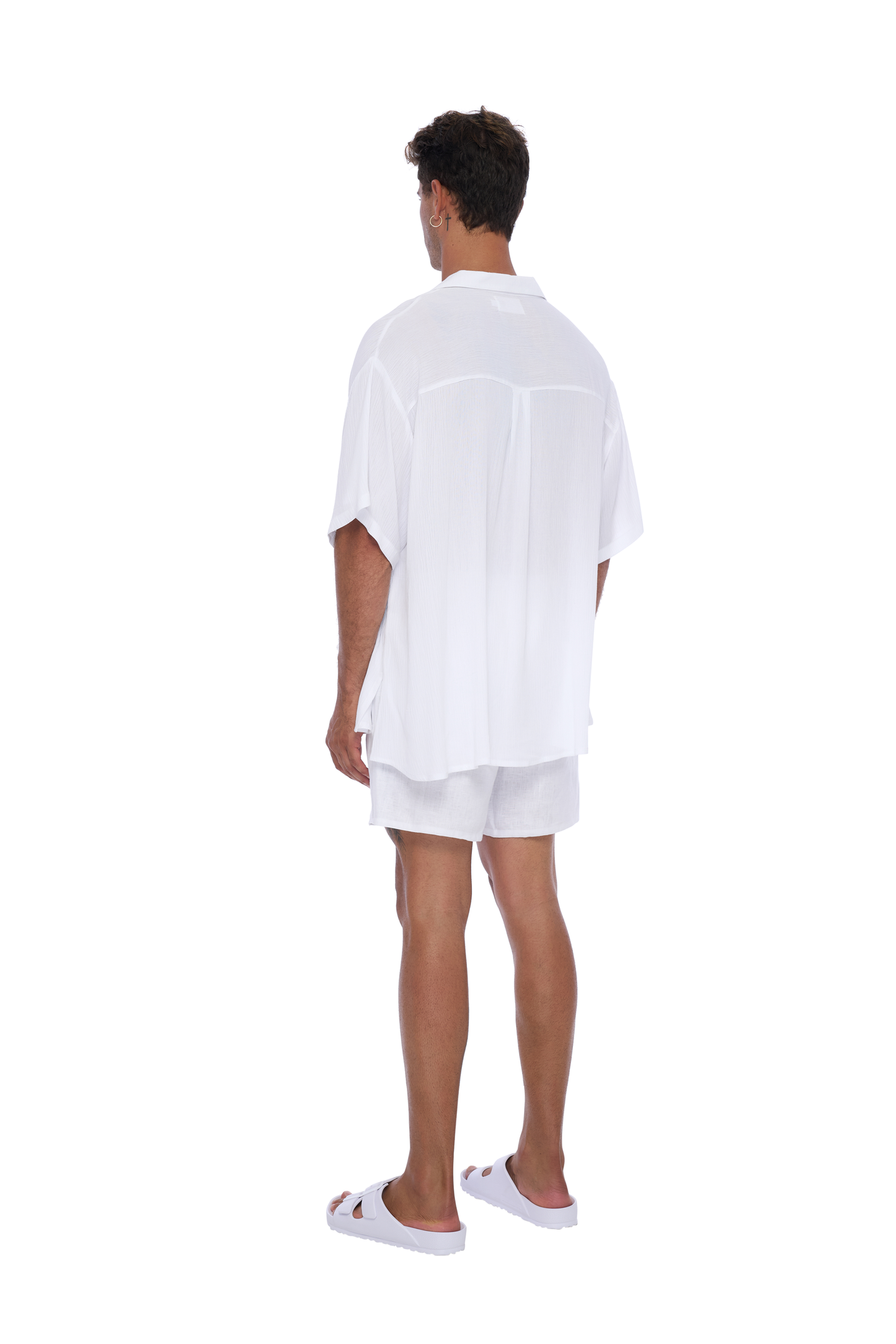 Back View: Leo Men's Shirt in White Rayon Crinkle Fabric - Lightweight, breathable shirt with a relaxed fit, perfect for casual or tropical wear