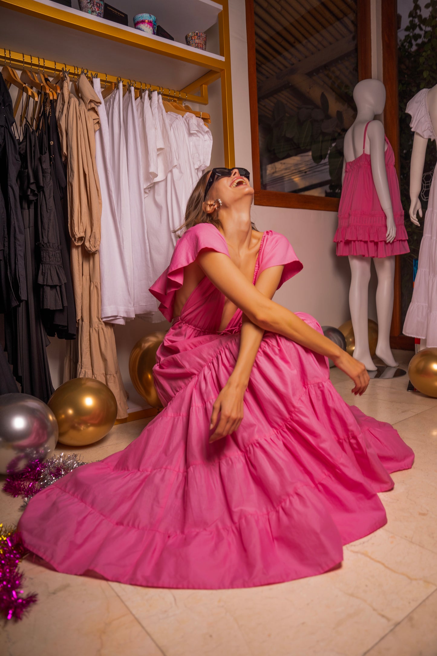 Alternative View: Oread Maxi Dress in Light Pink - Romantic Cotton Voile Dress with flutter sleeves and a flattering silhouette, perfect for wedding guests and date nights.
