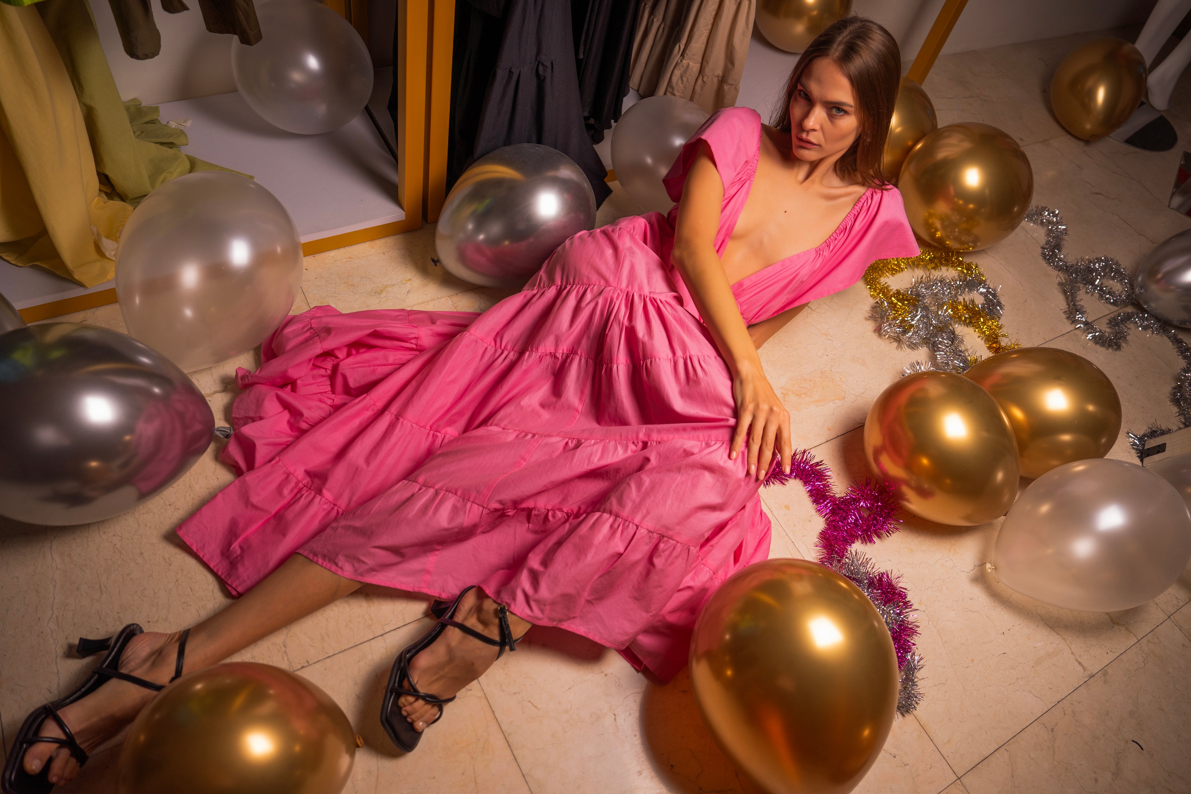 Close up: Oread Maxi Dress in Light Pink - Romantic Cotton Voile Dress with flutter sleeves and a flattering silhouette, perfect for wedding guests and date nights.