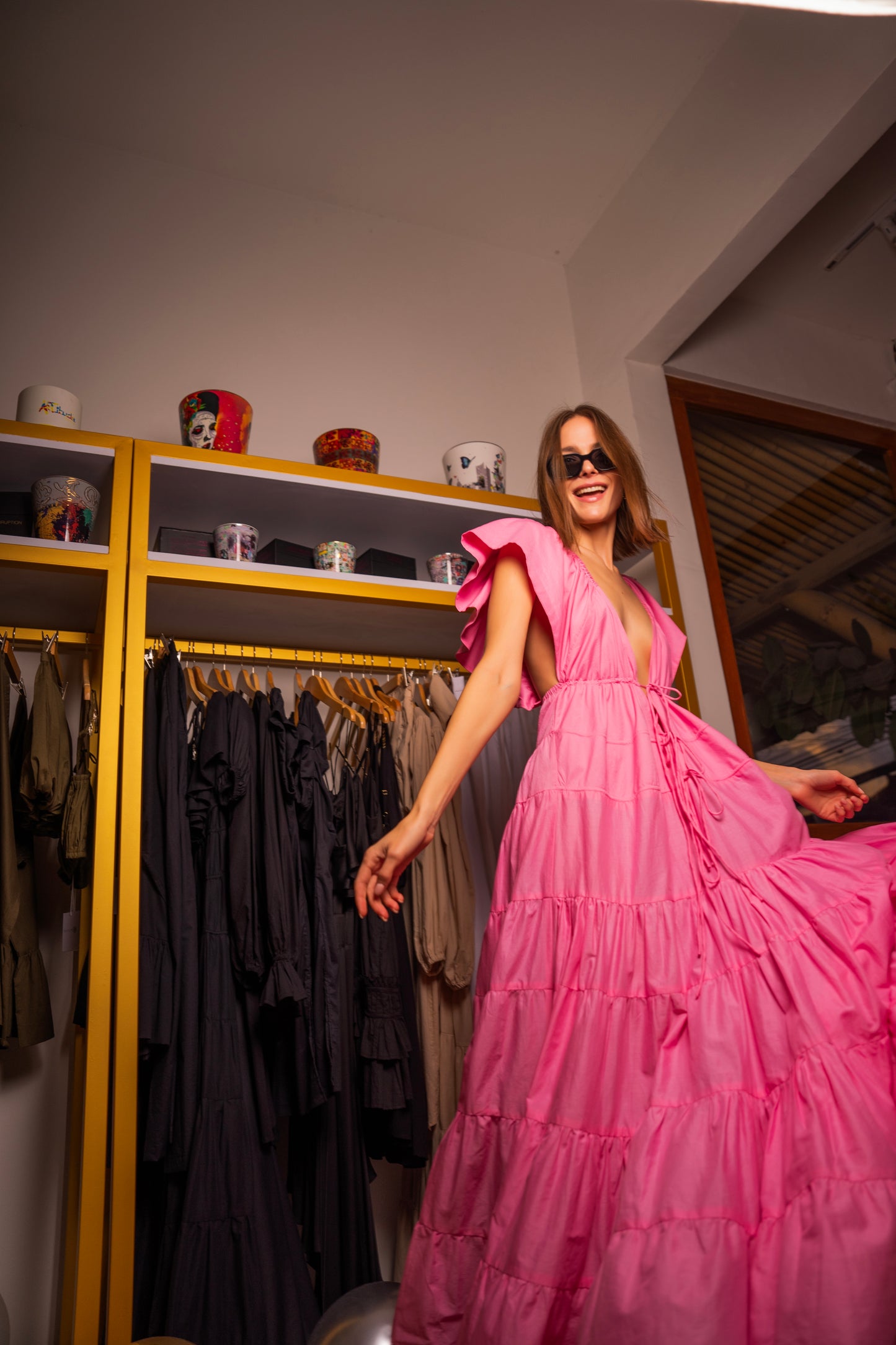 Oread Maxi Dress in Light Pink - Romantic Cotton Voile Dress with flutter sleeves and a flattering silhouette, perfect for wedding guests and date nights.