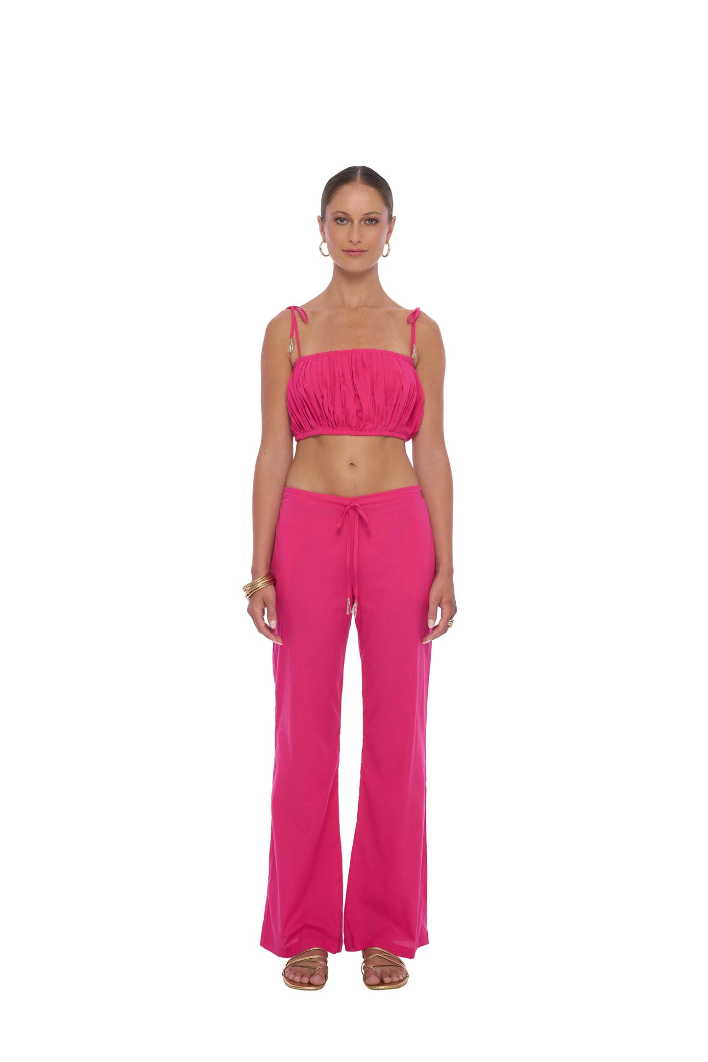 Venus Drawstring Pants in soft cotton voile fabric - Modern drawstring pants featuring an elasticated waist, hand beaded tassel detail, and wide leg mid-rise design for a stylish, professional look.