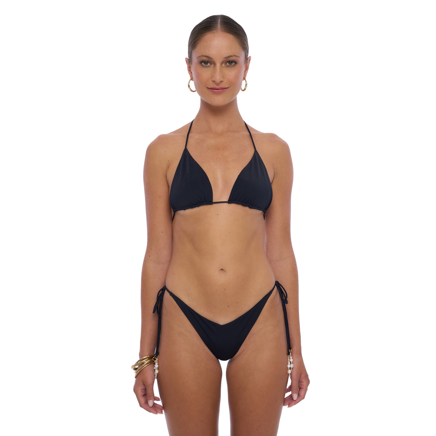 Wave Bikini Bottom - Drawstring style with cheeky cut and front V-shape detail, made from recycled Econyl fabric, featuring beading elements on the drawstring for a flattering ,modern look.