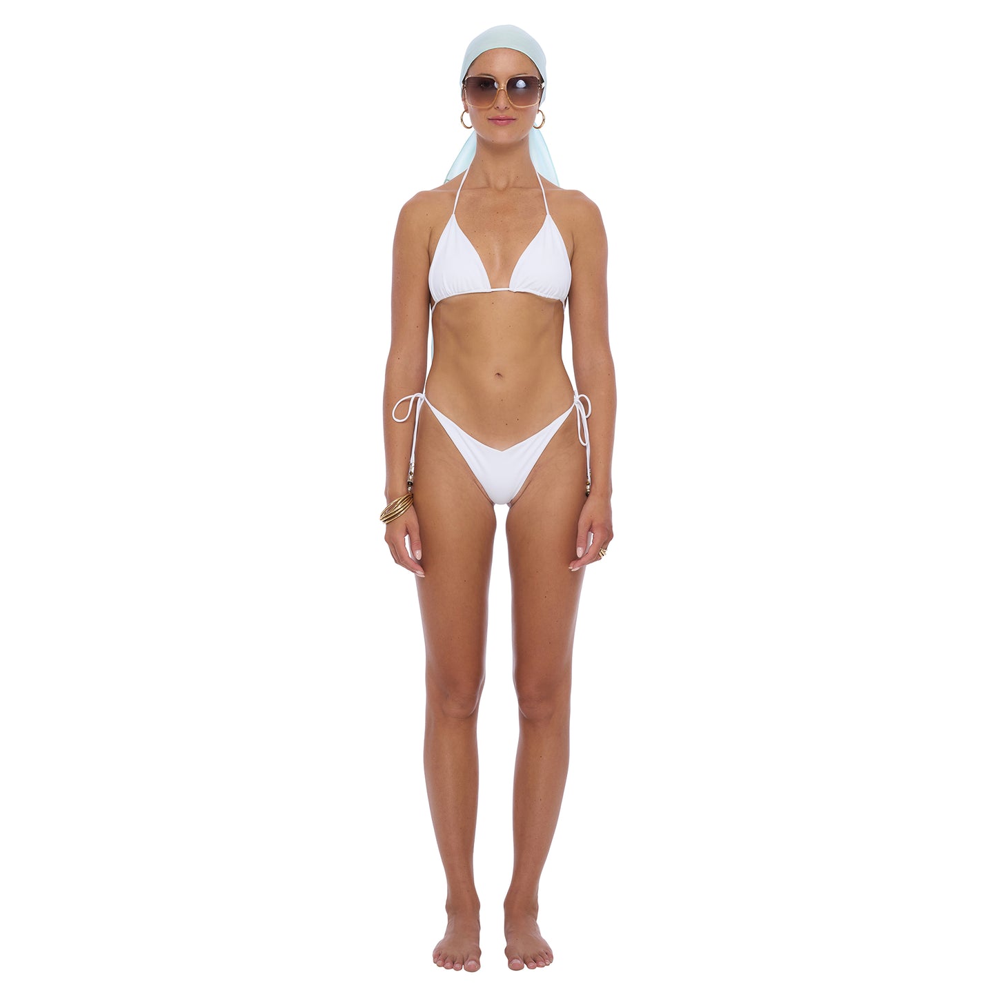 Wave Triangle Bikini Top - Drawstring style with beading detail on straps, made from eco-friendly recycled Econyl Fabric for a flattering sustainable swimwear option.