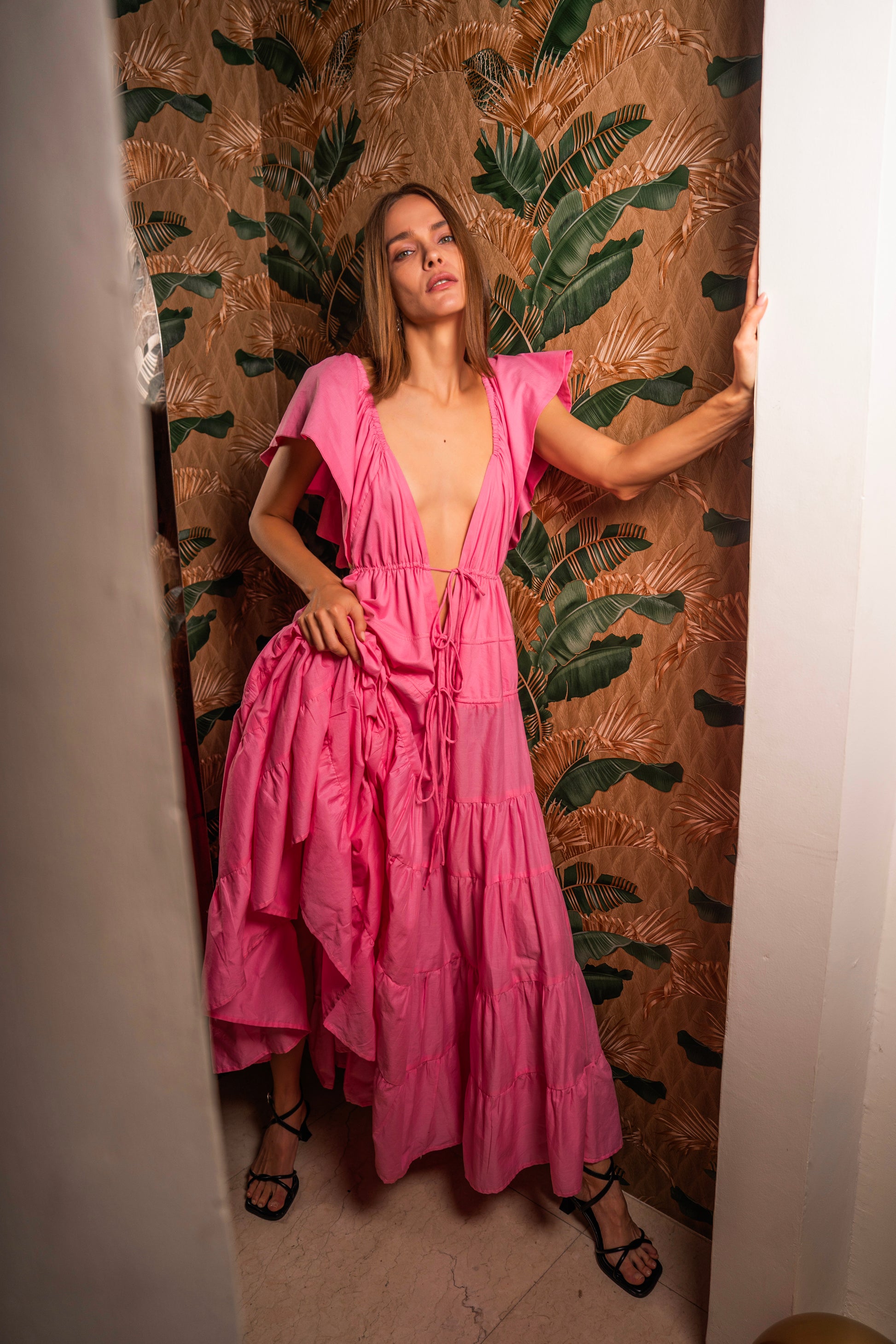 Oread Maxi Dress in Light Pink - Romantic Cotton Voile Dress with flutter sleeves and a flattering silhouette, perfect for wedding guests and date nights. 