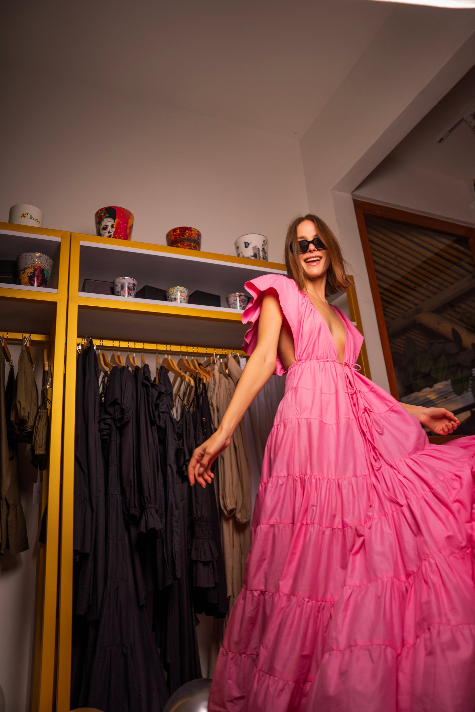 Oread Maxi Dress in Light Pink - Romantic Cotton Voile Dress with flutter sleeves and a flattering silhouette, perfect for wedding guests and date nights. 